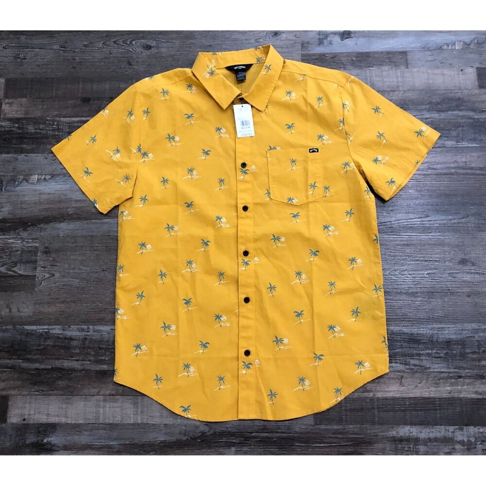 Billabong Mens Medium Yellow All Over Print Short Sleeve Button Up Shirt New w T